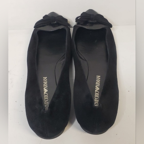 EMPORIO ARMANI Black Suede/Patent Leather Round-Toe Bow Flats Sz 38 Italy - Picture 5 of 12